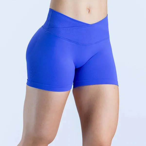 Women Fashion Solid Color Seamless Cross Waist Yoga Shorts