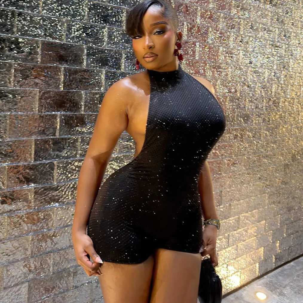 Women Fashion Sexy Solid Color Halter-Neck Backless Tight Rompers