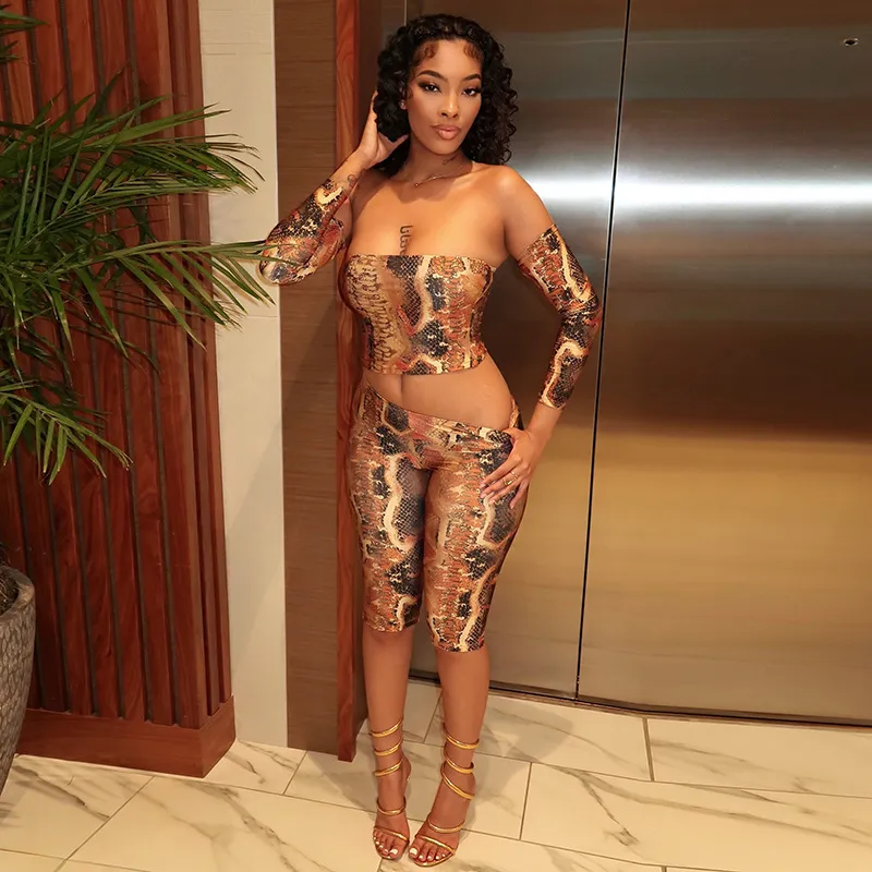 Women Fashion Sexy Summer Python Print Tube Top Sleeve Tight Pants Three-Piece Set