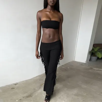 Women Fashion Sexy Summer Printed Tube Top Tight Tassel Pants Two-Piece Set