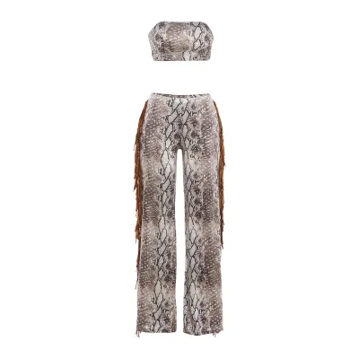 Women Fashion Sexy Summer Printed Tube Top Tight Tassel Pants Two-Piece Set