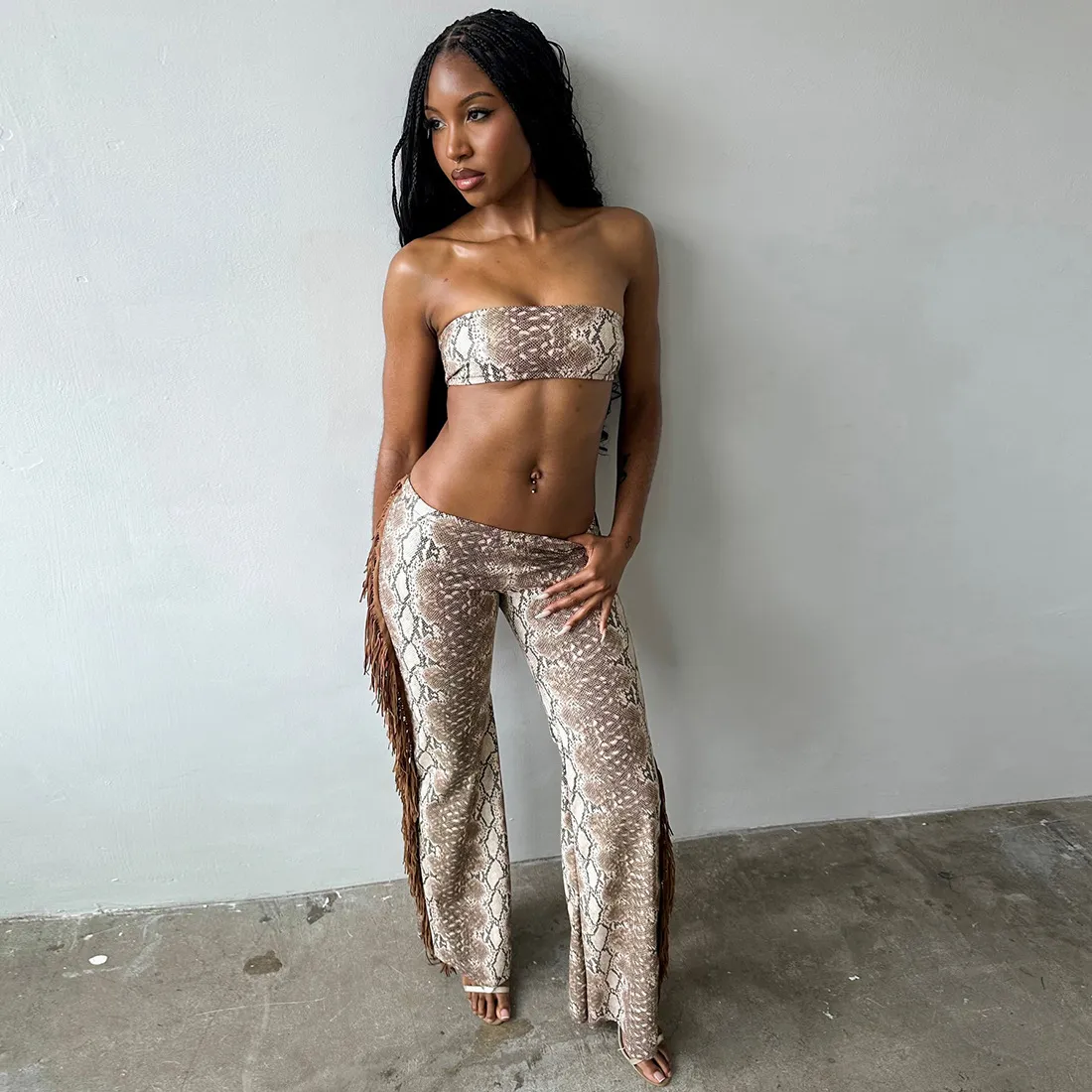 Women Fashion Sexy Summer Printed Tube Top Tight Tassel Pants Two-Piece Set