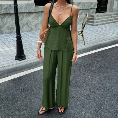 Women Fashion Casual Solid Color Camisole Loose Pants Two-Piece Set