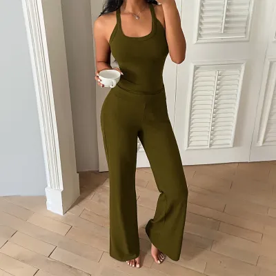 Women Fashion Casual Solid Color Tank Top Loose Pants Two-Piece Set
