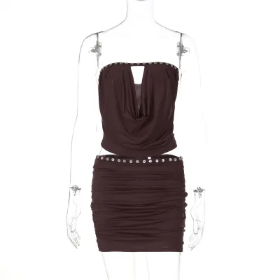 Women Fashion Sexy Solid Color Button Decorative Sleeveless Tube Top Pleated Slim-Fit Mini Skirt Two-Piece Set
