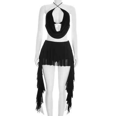 Women Fashion Sexy Solid Color Mesh Halter-Neck Swing Collar Crop Top Ruffled Mini Skirt Two-Piece Set