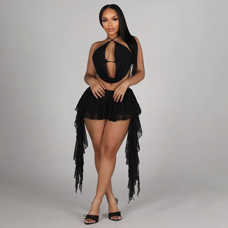 Women Fashion Sexy Solid Color Mesh Halter-Neck Swing Collar Crop Top Ruffled Mini Skirt Two-Piece Set