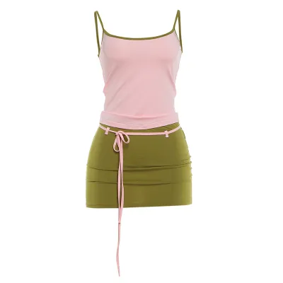 Women Fashion Sexy Contrast Color Camisole Lace-Up Tight Mini Skirt Two-Piece Set