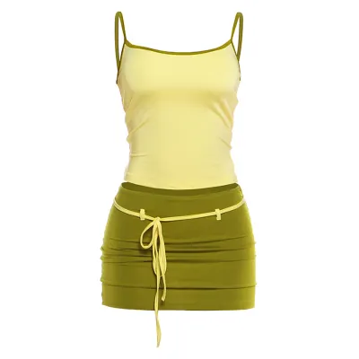 Women Fashion Sexy Contrast Color Camisole Lace-Up Tight Mini Skirt Two-Piece Set