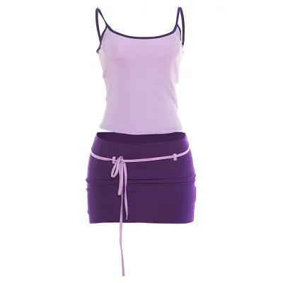 Women Fashion Sexy Contrast Color Camisole Lace-Up Tight Mini Skirt Two-Piece Set