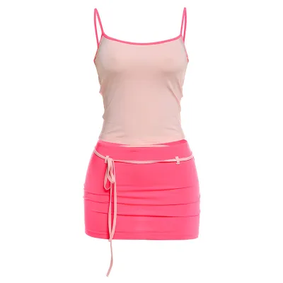 Women Fashion Sexy Contrast Color Camisole Lace-Up Tight Mini Skirt Two-Piece Set