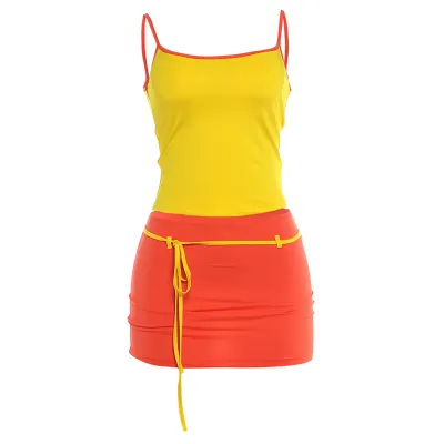 Women Fashion Sexy Contrast Color Camisole Lace-Up Tight Mini Skirt Two-Piece Set