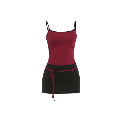 Women Fashion Sexy Contrast Color Camisole Lace-Up Tight Mini Skirt Two-Piece Set