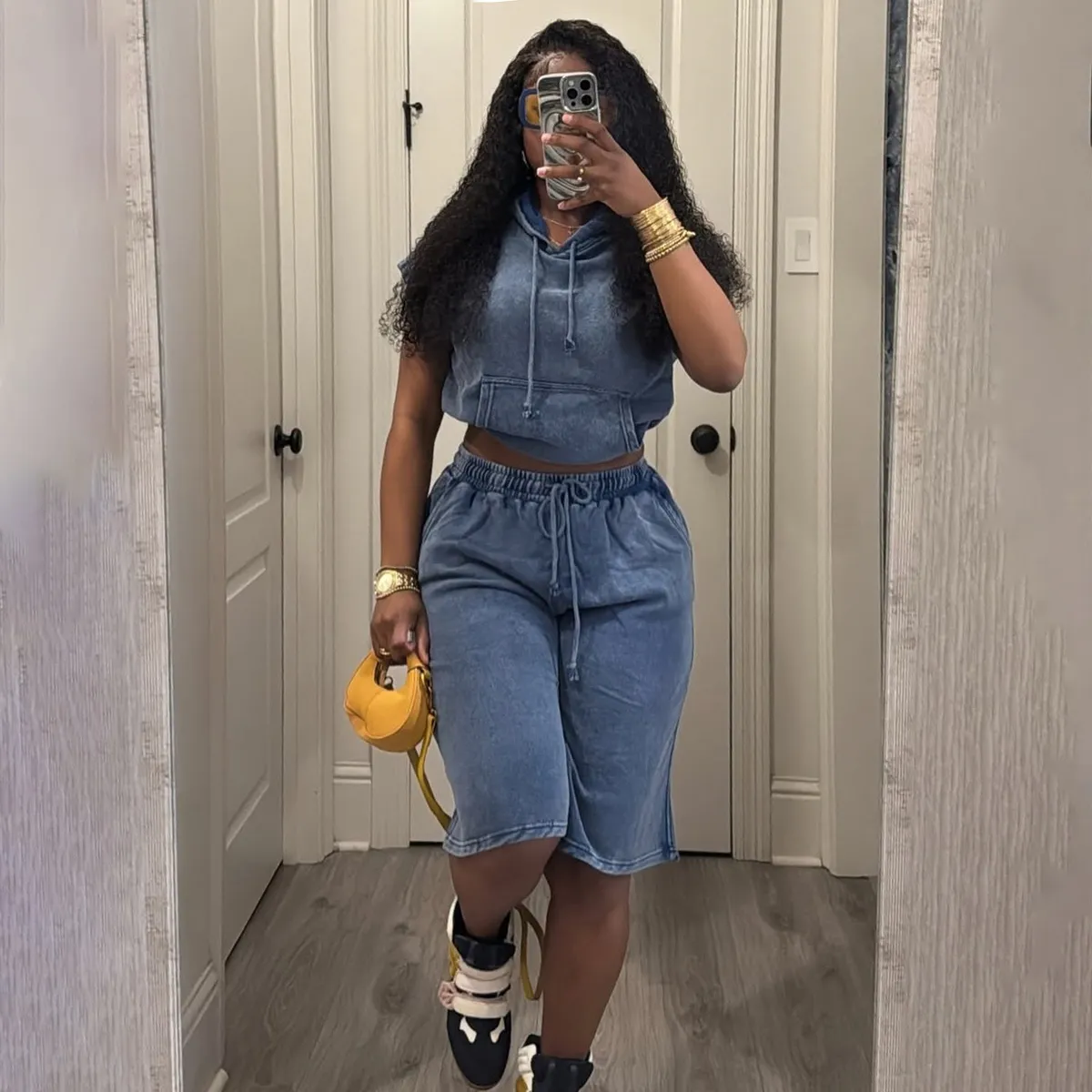 Women Fashion Causal Solid Color Cotton-Elastic Short-Sleeve Hoodies Loose Shorts Two-Piece Set