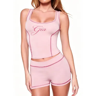 Women Fashion Sexy Printed Slim-Fit Square Collar Tank Top Tight Shorts Two-Piece Set