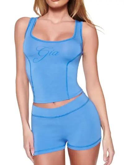 Women Fashion Sexy Printed Slim-Fit Square Collar Tank Top Tight Shorts Two-Piece Set