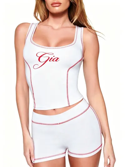 Women Fashion Sexy Printed Slim-Fit Square Collar Tank Top Tight Shorts Two-Piece Set