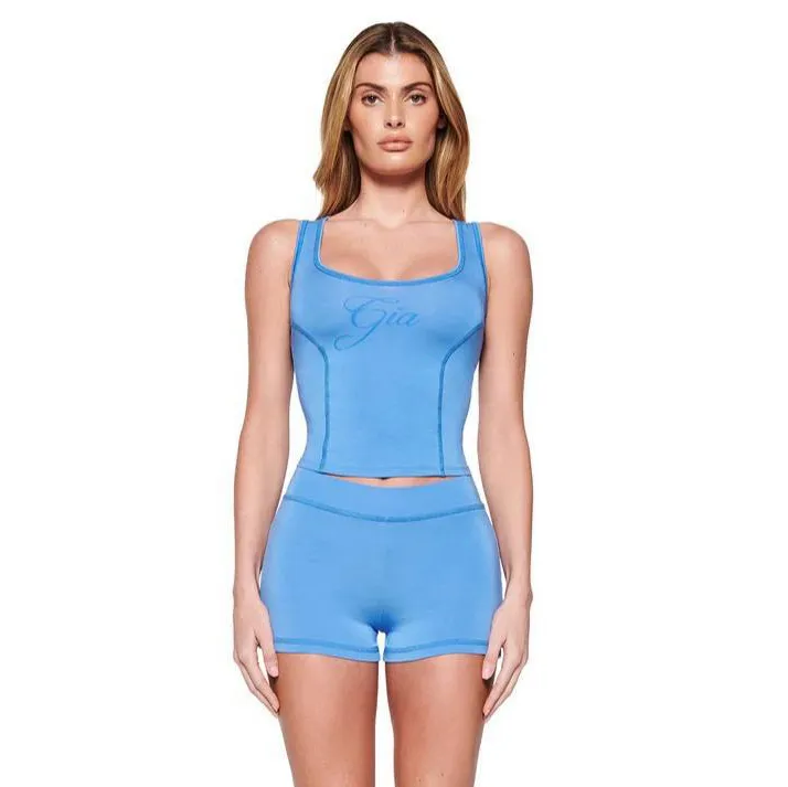 Women Fashion Sexy Printed Slim-Fit Square Collar Tank Top Tight Shorts Two-Piece Set