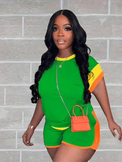 Women Fashion Casual Summer Color Block Loose Short-Sleeve T-Shirt Shorts Two-Piece Set