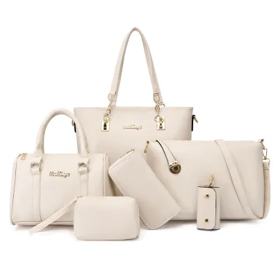 Women Fashion Casual Solid Color Large Capacity PU Tote Bag Six-Piece Set