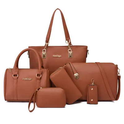 Women Fashion Casual Solid Color Large Capacity PU Tote Bag Six-Piece Set