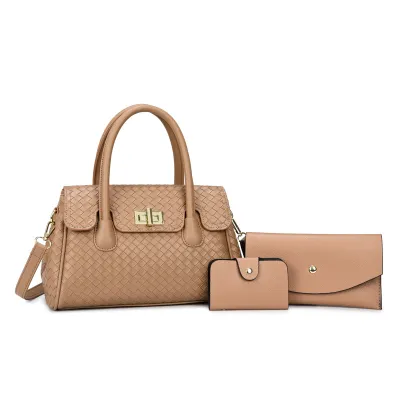 Women Fashion Casual Solid Color Pattern PU Handbag Three-Piece Bag Set Clasp Closure