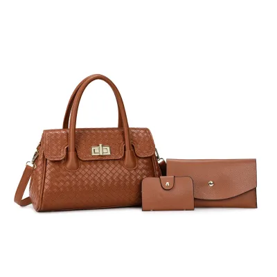 Women Fashion Casual Solid Color Pattern PU Handbag Three-Piece Bag Set Clasp Closure