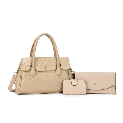 Women Fashion Casual Solid Color Pattern PU Handbag Three-Piece Bag Set Clasp Closure