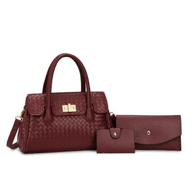 Women Fashion Casual Solid Color Pattern PU Handbag Three-Piece Bag Set Clasp Closure