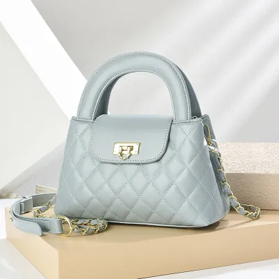 Women Fashion Casual Solid Color Rhomboid Chain PU Handbag