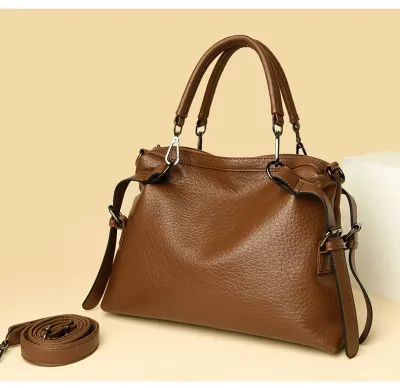 Women Casual Solid Color Litchi Pattern Genuine Leather Large Capacity Handbag