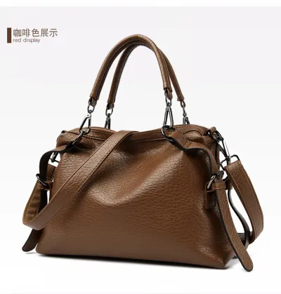 Women Casual Solid Color Litchi Pattern Genuine Leather Large Capacity Handbag