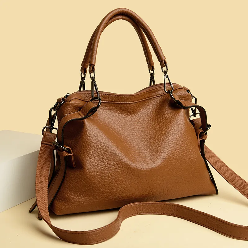 Women Casual Solid Color Litchi Pattern Genuine Leather Large Capacity Handbag