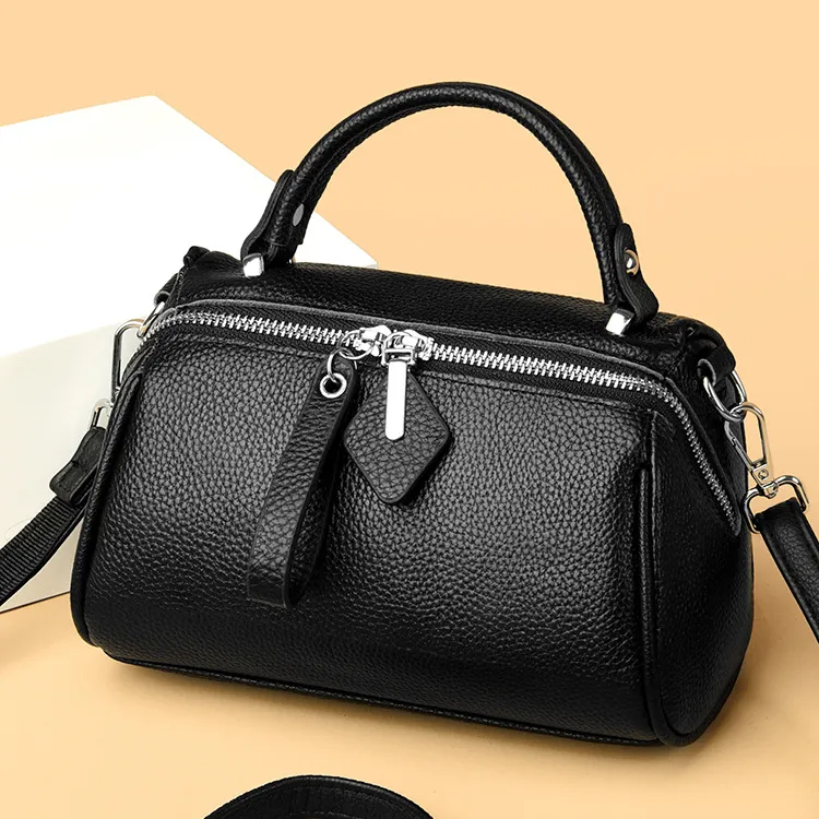 Women Fashion Casual Solid Color Large Capacity Genuine Leather Boston Bag