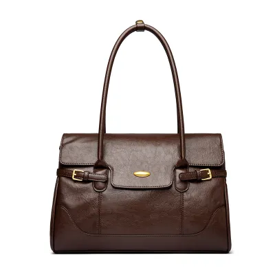 Women's Fashion Casual Retro Genuine Leather Solid Color Large Capacity Handbag Axillary Bag
