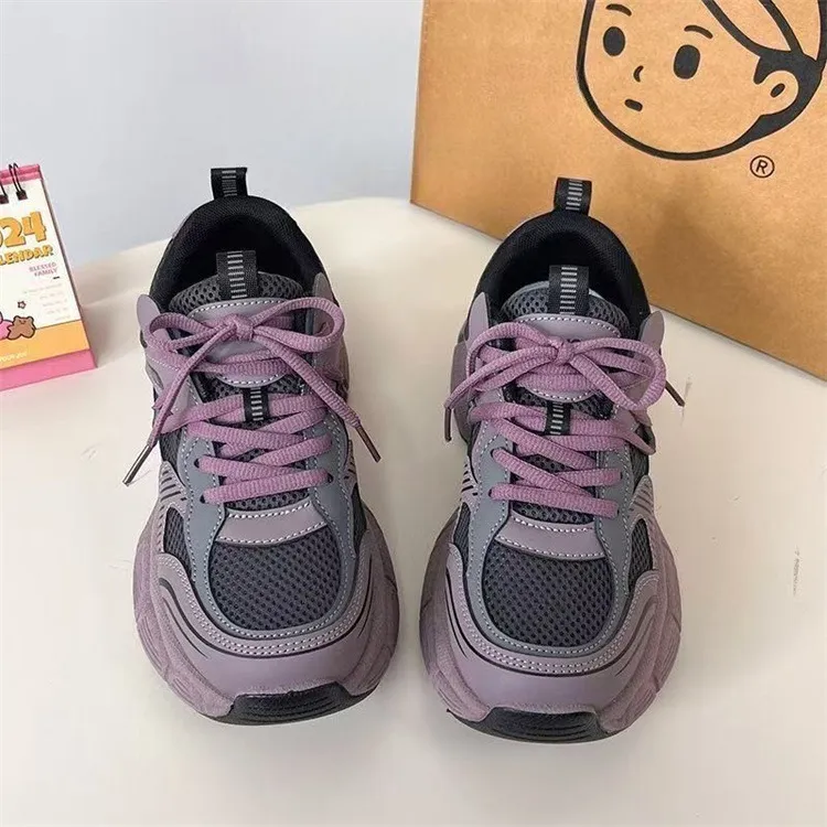 Women Fashion Casual Purple Breathable Lace-Up Platform Chunky Sneakers