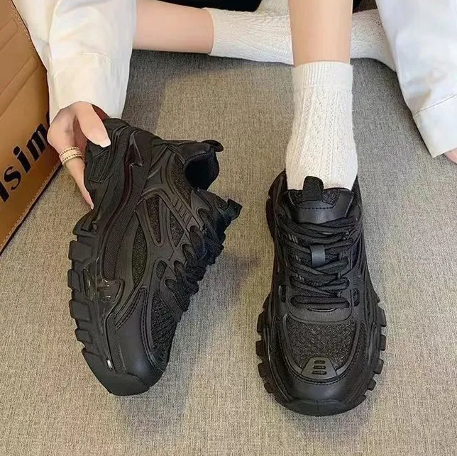 Women Fashion Casual Mesh Breathable Lace-Up Thick Sole Chunky Platform Sneakers