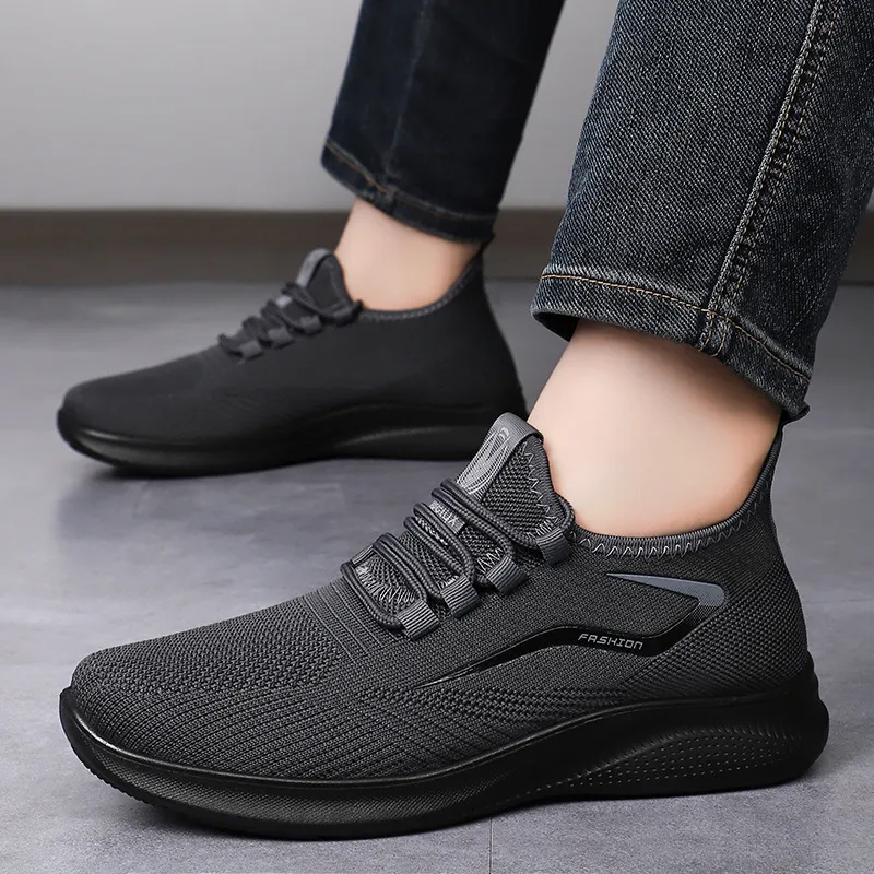 Men Fashion Casual Solid Color Flyknit Breathable Soft Sole Lace Up Sneakers