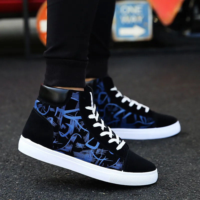 Men Fashion Casual Graffiti Print Round Toe Lace-Up High Top Sneakers
