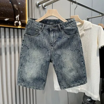 Men Fashion Casual Water Ripple Jacquard Denim Shorts Mid-Waist Loose Straight-Leg