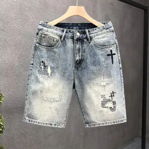 Men Fashion Casual Embroidered Straight Denim Shorts Mid-Waist