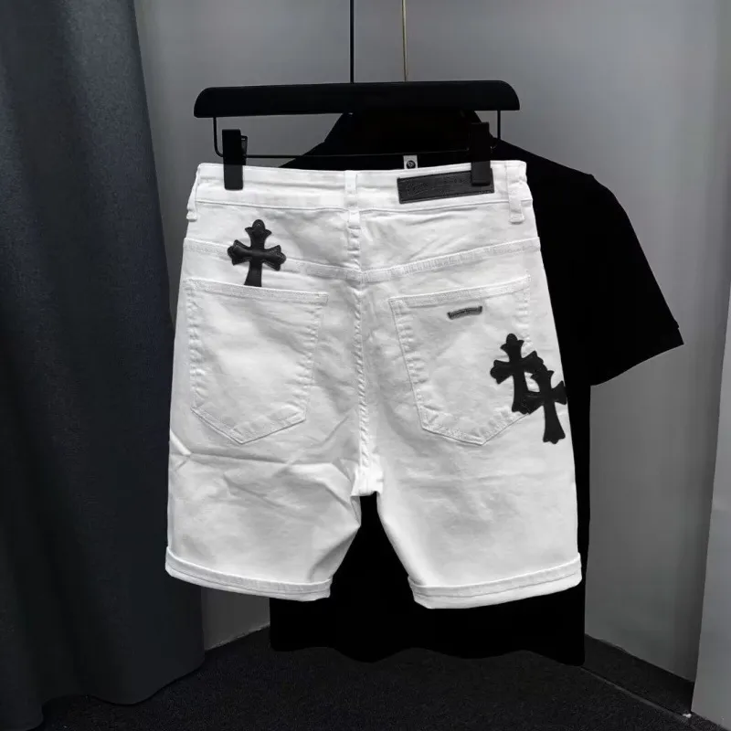 Men's Fashion Personalized Cross Leather Straight Denim Shorts