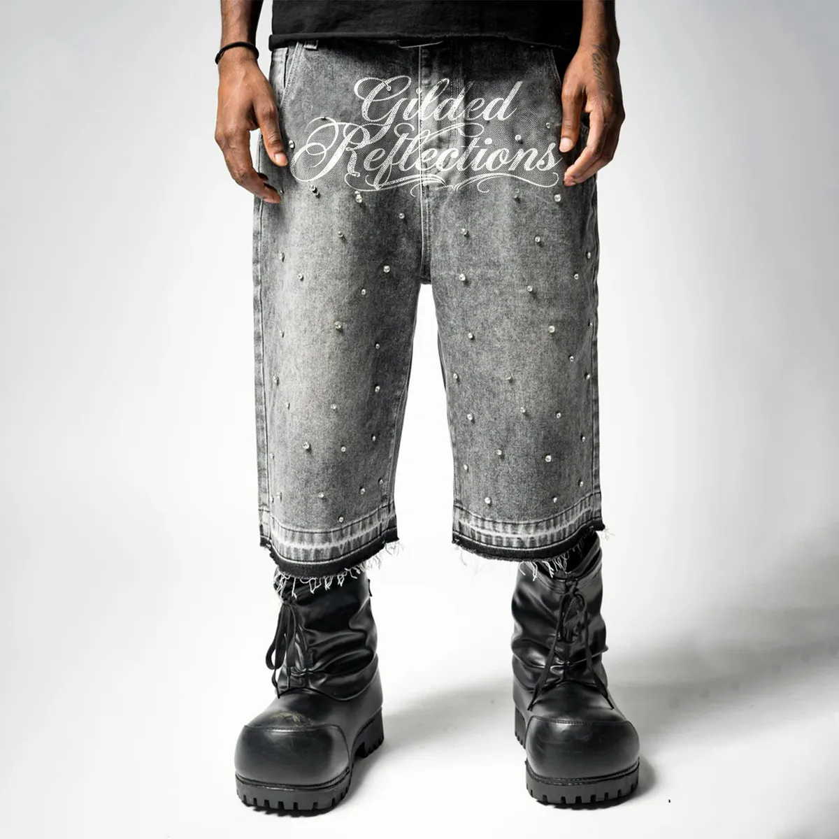 Men Fashion Retro Washed Rhinestone Straight Wide Leg Denim Shorts