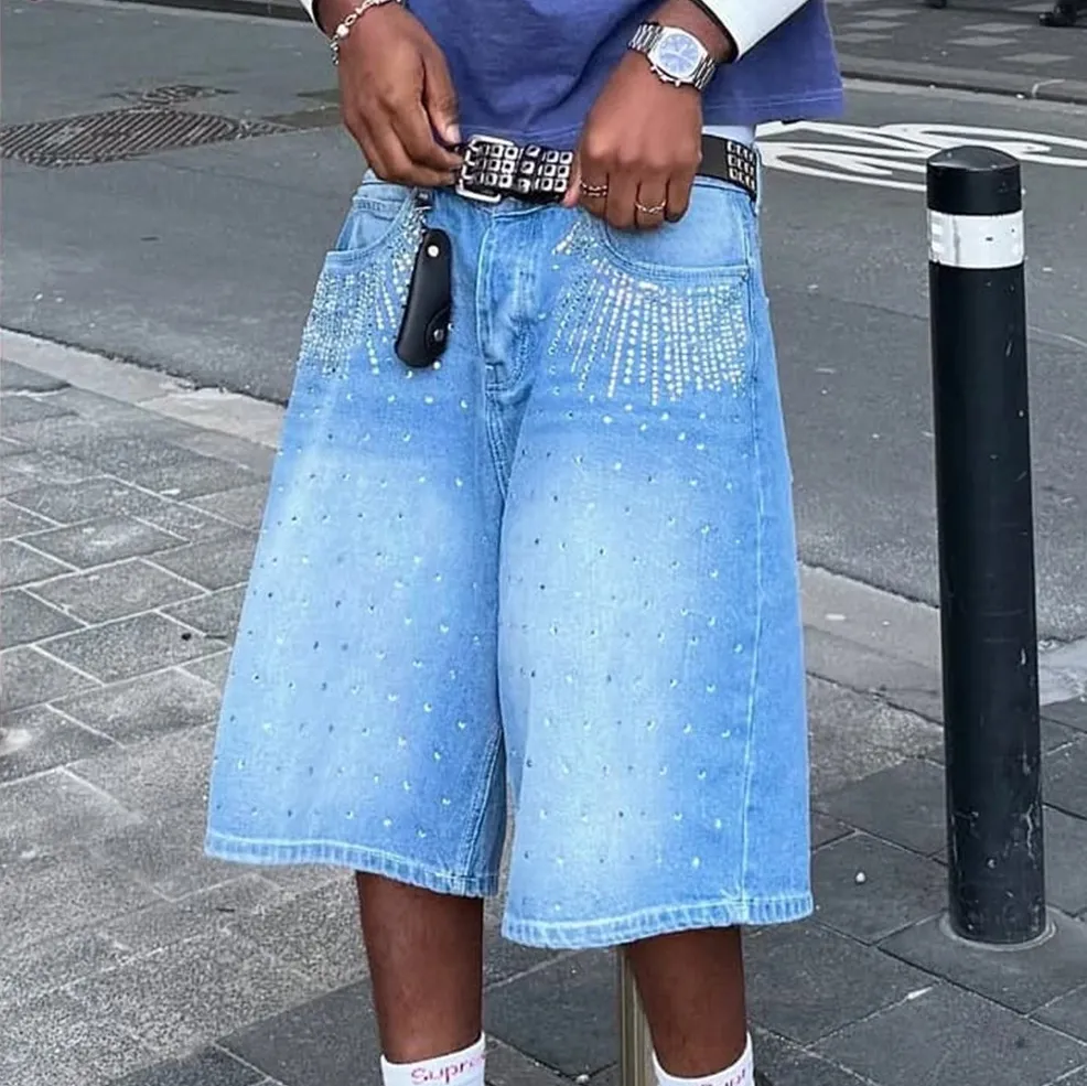 Men Fashion Casual Washed Rhinestone Loose Wide Leg Denim Shorts