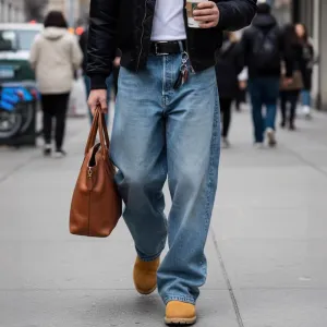 Men's Casual Loose Straight Jeans Mid-Waist Cotton Denim