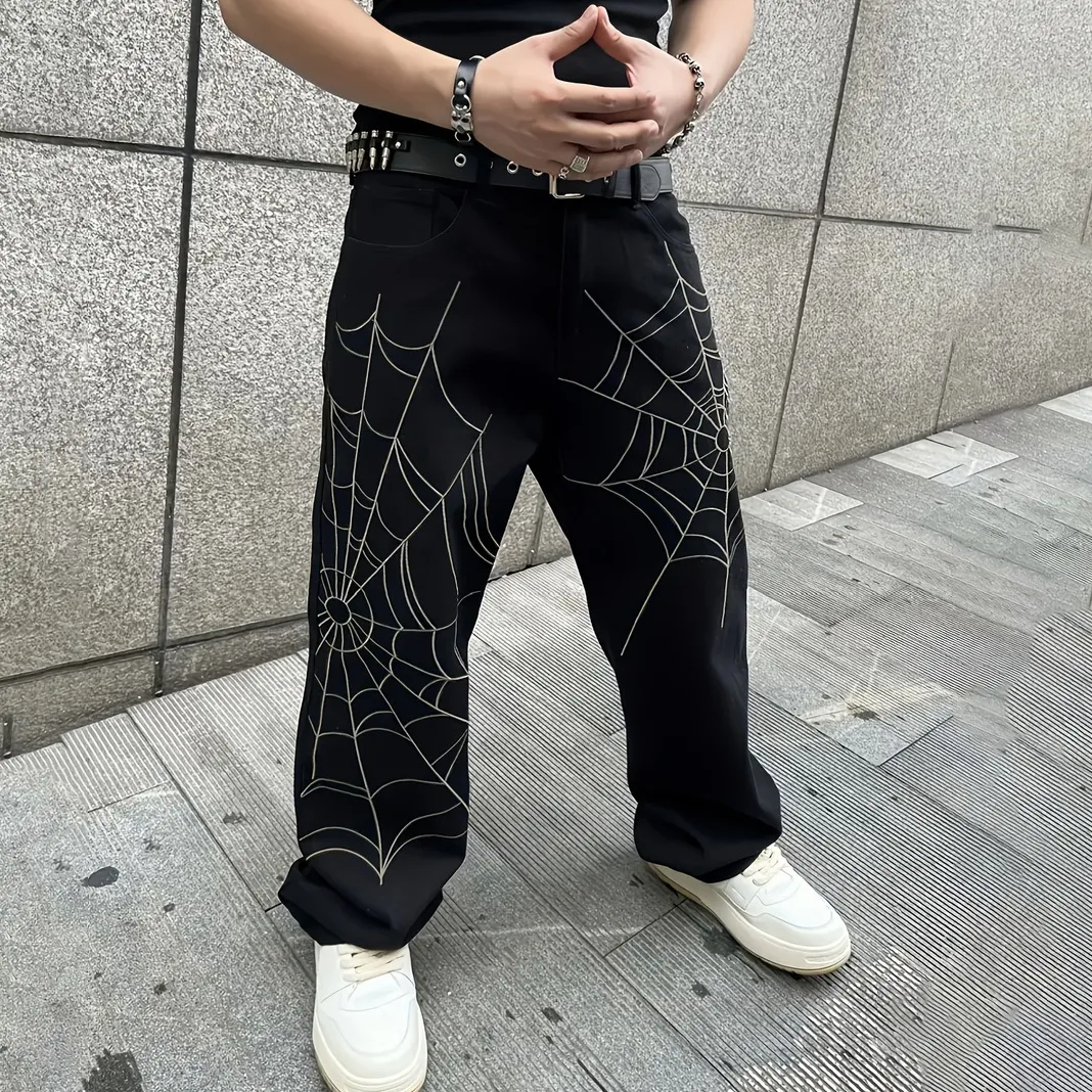 Men's Gothic Spider Web Printed Denim Jeans Loose Wide Leg
