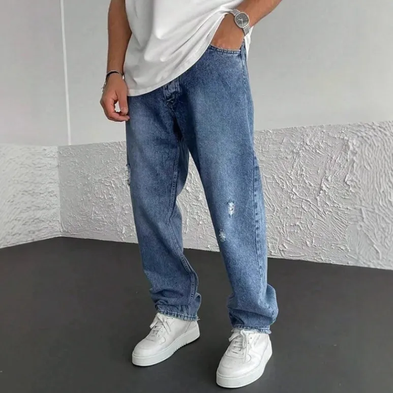 Men Fashion Casual Stretch Zipper Mid-Waist Straight-Leg Mom Jeans