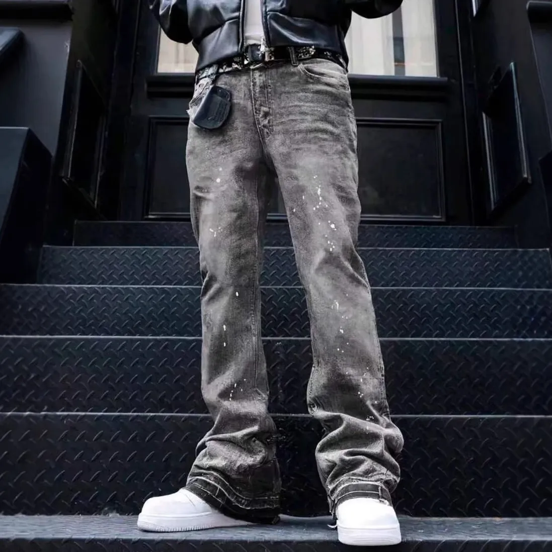 Men Retro Washed Boot-Cut Loose Wide Leg Jeans
