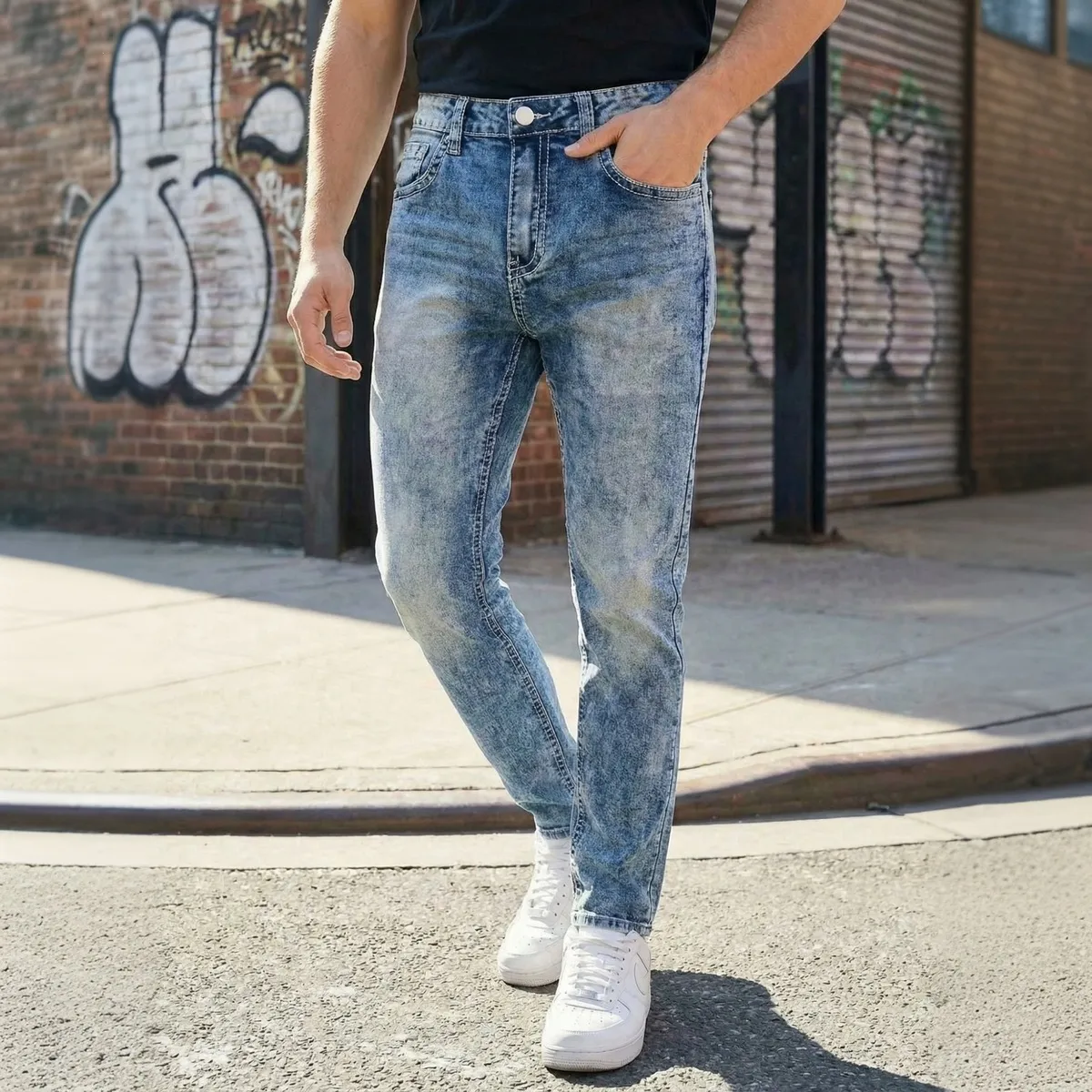 Men Fashion Casual Straight Jeans Embroidered Mid-Waist Cotton Spandex Denim