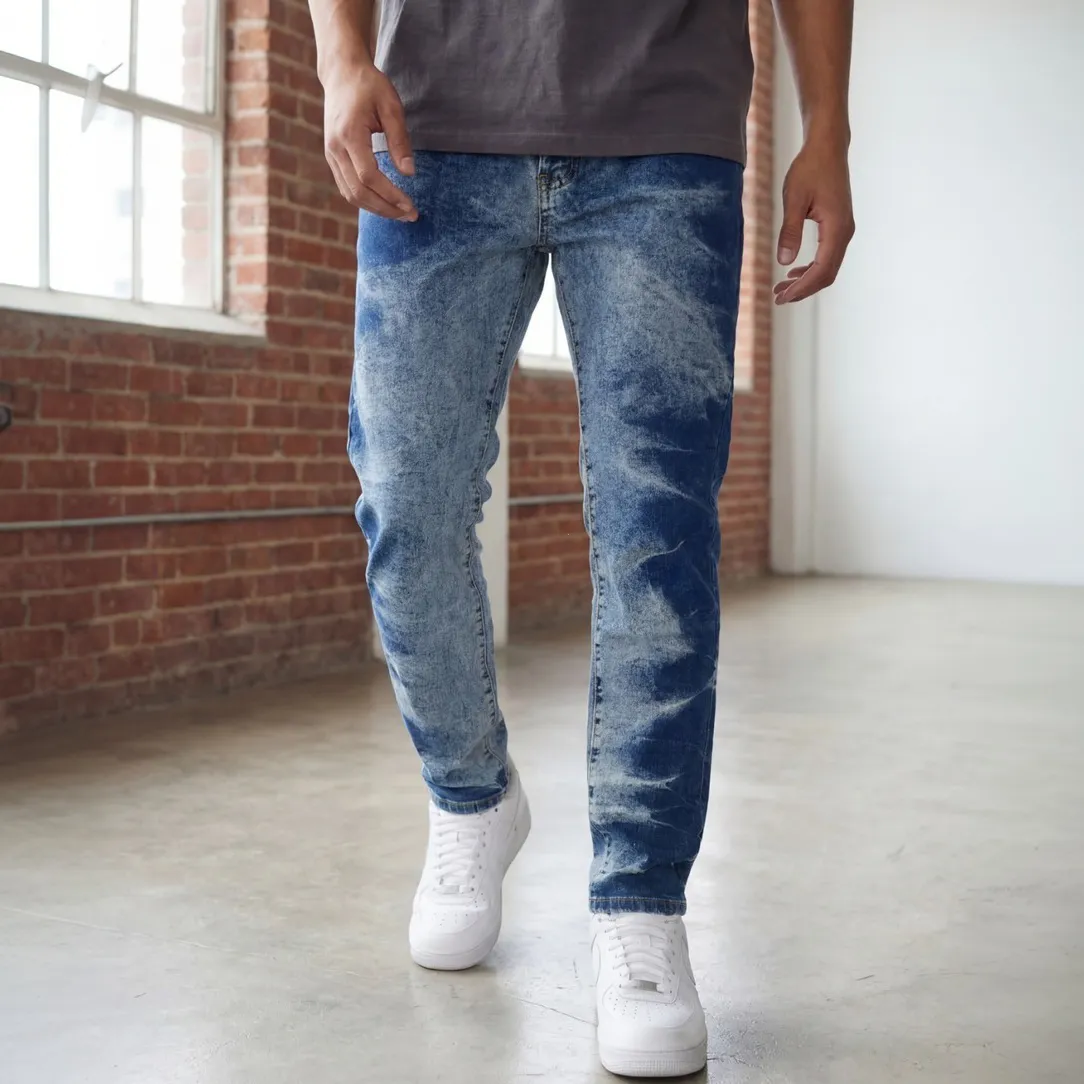 Men Fashion Vintage Lightning Pattern Washed Slim-Fit Straight Jeans Cotton-Spandex Denim